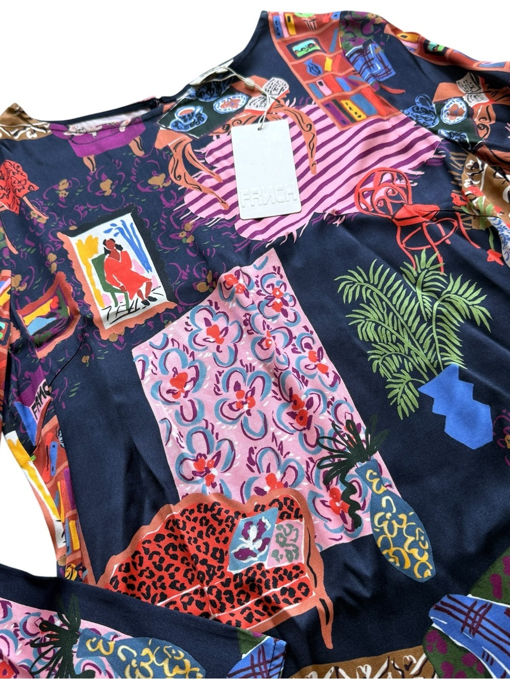 FRNCH Paris Ayurveda Printed Mini Dress Art Gallery Long Sleeve Shift NWT M Boho - Picture 7 of 16